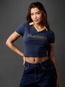 Missguided x Playboy 复古风格罗纹短款上衣学院风运动衫 Y2K 美学秋冬短袖修身款 - 藏蓝色 - 查看 5