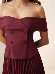 Anewsta Off-Shoulder Kleid mit geraffter Taille, französischer Stil mit Falten - Bordeaux - Übersicht 5