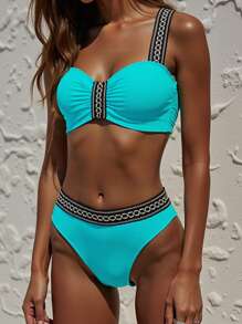 Swim Lushoire Vacation Beach Two Pieces Swimwear Set With Contrast Color Trim For Summer - Mint Green - View 1