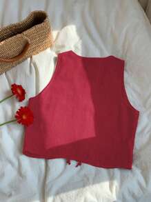 Comfortcana 女式夏季波西米亚风玫瑰红色花卉刺绣前系带无袖衬衫 - 玫瑰紅 - 查看 2