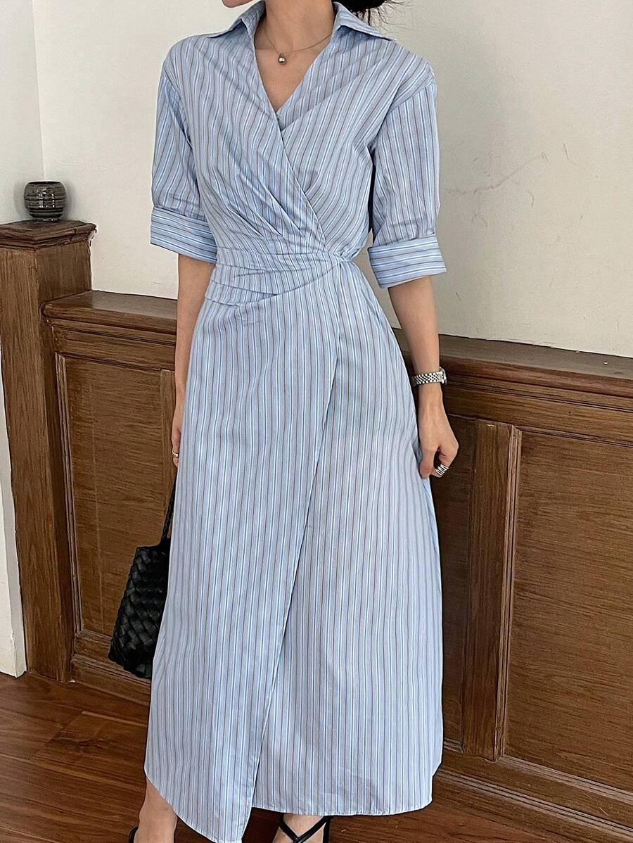 DAZY Damen Sommer Lässig/Berufskleidung langes Wickelkleid mit Streifenmuster und Knöpfen vorne