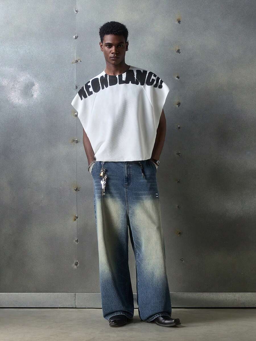 NEON BLANC Men's Street Fashion Woven Loose Fit Embroidered Flared Leg Jeans