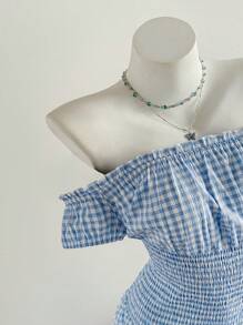 Chiquease Women's Summer Off-Shoulder Frill Hem Plaid Belted Midi Dress