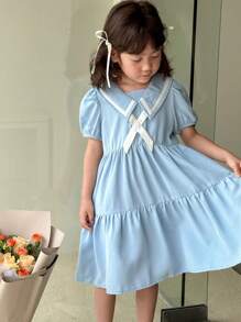 SHEIN 少女韩版双色领泡泡袖连衣裙 - 藍白色 - 查看 6
