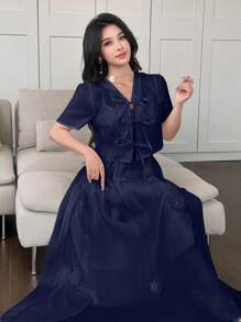 Modelyn 2 件套女士夏季优雅纯色 3D 花卉吊带连衣裙和前系带开衫 - 藍色 - 查看 5