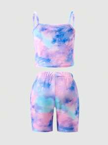 2pcs Girls Casual & Comfortable Tie-Dye Printed Cami & Shorts Set