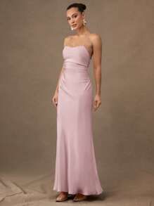 Silquee 奢华性感，优雅正式舞会礼服，早春夏季礼服，浅黄色纯色礼服，婚礼当天礼服，结婚周年纪念礼服，浪漫情人节&约会&礼服&华丽女士纯色，连衣裙女士弹性，高开衩不对称下摆设计 - 粉色 - 查看 6