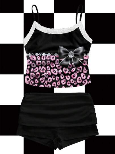 BiGraphic 黑色、粉色、色块、水钻效果、蝴蝶结、豹纹、Y2K、街头风格、休闲蕾丝拼布两件套女士套装，适合夏季、度假、派对、俱乐部外出、返校季 2000 年代风格