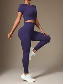 Slayform Women Simple Solid Color High Elastic Seamless Sportswear Set Workout Women Sets - Bold Plum - View 4