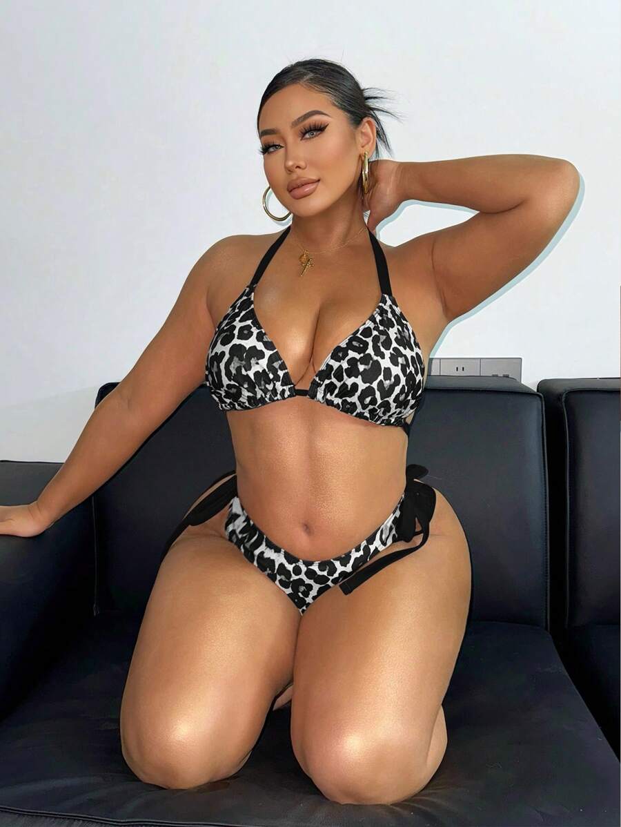 Swim SXY 加大码女式夏季沙滩豹纹露背系带性感比基尼套装