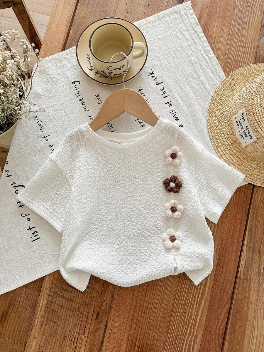LMoss Kids LMoss Baby Girl Solid Color Knit Round Neck Loose Casual Top Baby Tops Toddler Tops Toddler Summer Tops Baby Girl Summer Top Baby Girl Top - White - View 1