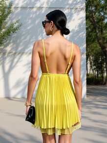 INAWLY Sleeveless V-Neck Backless Mini Slip Yellow Dress, Sexy & Spaghetti Strap - Yellow - View 3