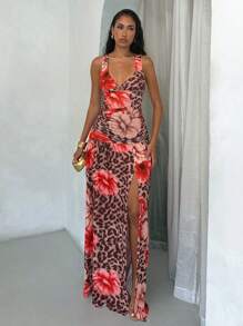 Glamine Leopard Floral Pattern Women Long Dress, Stretchy Jersey Fabric, Sexy Elegant Beach Sundress For Summer Holiday--Floral Pattern Random Fall Women Clothes Back To School