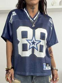 Coolane 女式夏季音乐会狂欢节外出文艺复兴博览会街头服饰复古数字图案蓝色超大针织 T 恤 - 藍白色 - 查看 5