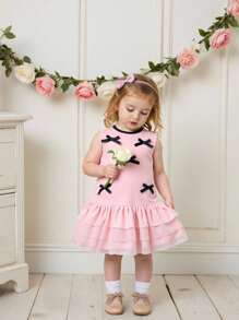 SHEIN Baby Girls' Sweet Princess Style Color-Block Edge Multi-Layer Tulle Apricot Sleeveless Dress, With Black Bow Accent, Suitable For Everyday Wear, All Season - Pink - View 4