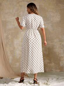 Roveilla 大码优雅波尔卡圆点V领短袖长款中长连衣裙，淑女简约 - 杏色 - 查看 3