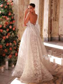 Glamrae Elegant Luxurious Strapless Big Bow Lace Fishtail Backless Extra Flaring Bridal Dress With Trailing, Suitable For Wedding, Single Party, Vacation, Ball, Honeymoon - Beige - View 5