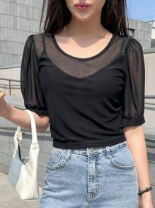 DAZY Contrast Mesh Puff Sleeve Top Going Out Tops Sheer - Black - View 9