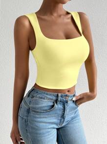 SHEIN Unity Square Neck Sleeveless Tank Top,Summer,Basic Going Out Tank Top,Vacation,Office - Yellow - View 3
