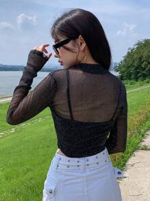 DAZY Mock Neck Glitter Mesh Top Without Cami Top Going Out Tops Sheer