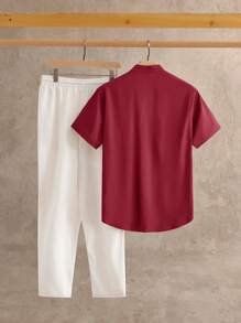 HIMLAND 2pcs/Set Men's Fitted Turndown Collar Short Sleeve Casual Woven Shirt & Pants Set, Old Money - Burgundy - View 2