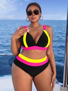 Slaydiva Plus Size Women 2 Pieces Swimsuit, Solid Color Block Hard Cup Push Up Wide Shoulder Strap Paired With High Waist Color Block Bikini Bottom, Fashionable & Sexy For Summer Beach Holiday - Yellow - View 4