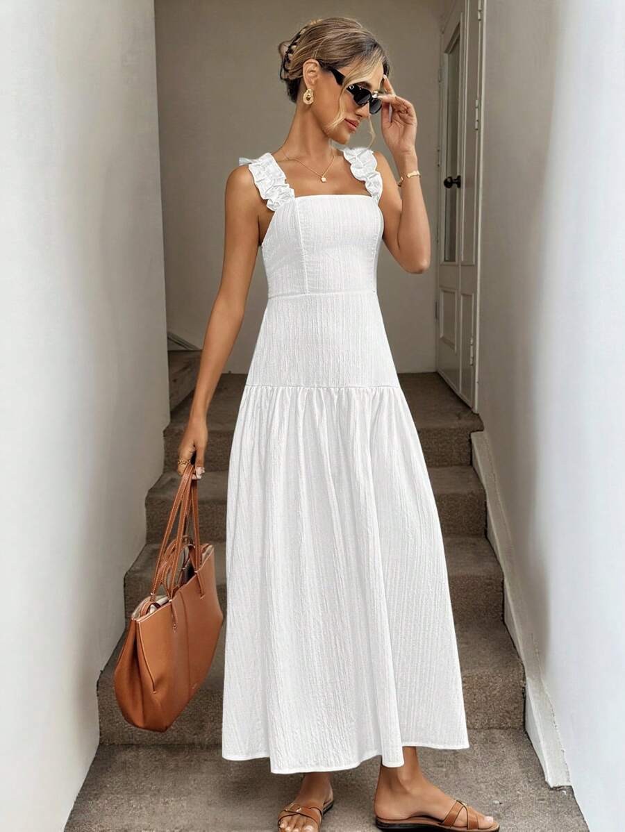 Easowa Váy chữ A không tay xếp ly, vải chiffon họa tiết, váy maxi thanh lịch cho kỳ nghỉ thường ngày dành cho nữ, mùa xuân hè - trắng - Xem 1
