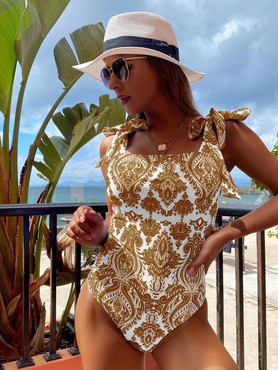 Swim Vcay 女士花卉印花系肩连体泳衣，假日风格