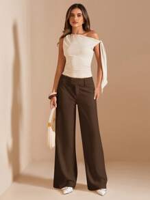 SHEIN BAE 女士纯色奶油白色阔腿裤，休闲低腰裤，适合日常、度假、办公室穿着，春夏季 - 咖啡棕 - 查看 3