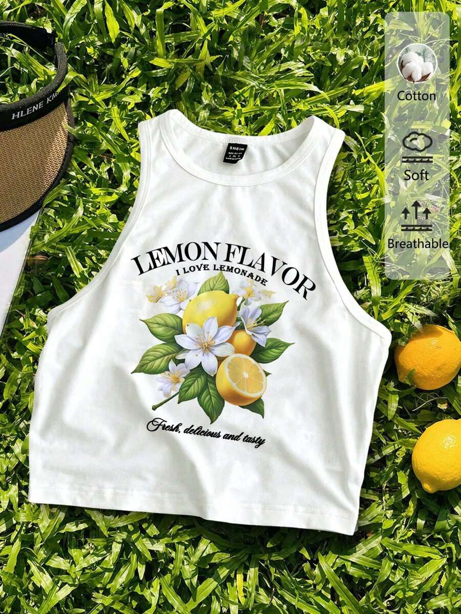 SHEIN EZwear Casual Minimalist Fresh Lemon Flower Pattern Round Neck Bodycon Tank Top, Suitable For Summer, Back To School, Spring Break, Girls Trip, Beachwear, Natural Women Tank Tops Lemon Tank Top Graphic Tank Tops Summer Tank Tops White Tank Top - White - View 1