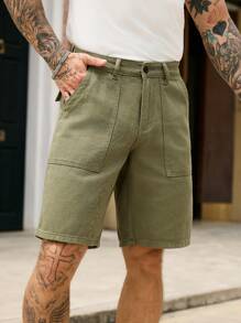 Manfinity Homme 男士休闲宽松百慕大风格多口袋牛仔短裤 - 軍綠色 - 查看 4