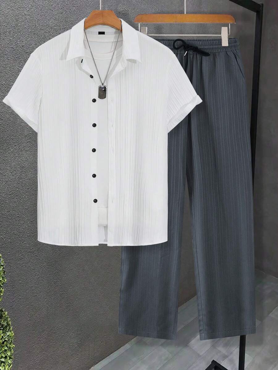 Manfinity Homme 男士纹理面料短袖衬衫加抽绳腰宽松阔腿裤西装套装夏季男夏裤套装裤子衬衫套装男休闲上下装男灰白套装