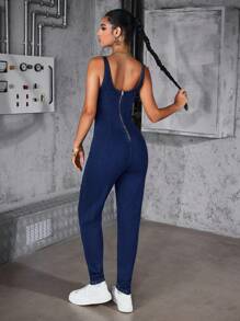 SHEIN ICON 女士休闲百搭无袖牛仔连身裤 - 深色水洗藍 - 查看 2