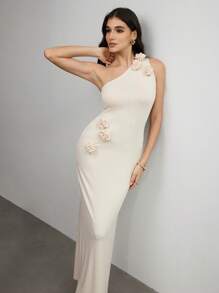 Modelyn Asymmetric Handmade 3D Floral Elegant Dress, Suitable For Party And Summer Occasions - Apricot - View 5