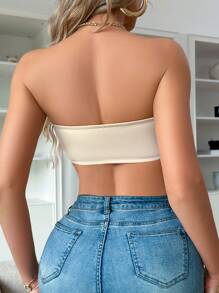SHEIN 休闲简约前钩短款上衣文胸套装 - 卡其色 - 查看 2