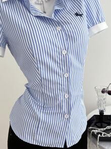 Elamini Áo sơ mi cổ tròn thêu sọc màu tương phản dành cho nữ, Xuân/Hè - Nhiều màu - Xem 3