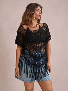 Freevana Áo len dệt kim Boho màu trơn thời trang cỡ lớn cho nữ mùa hè, trang phục phương Tây cho nữ - màu đen - Xem 3