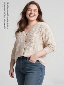SHEIN CURVE+ 时尚纯色简约休闲优雅金属纽扣加大码开衫 - 杏色 - 查看 1