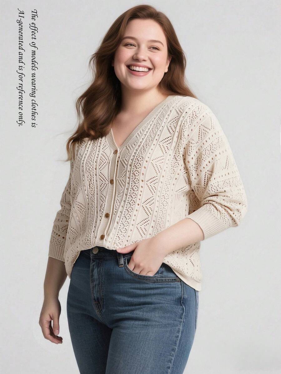 SHEIN CURVE+ 时尚纯色简约休闲优雅金属纽扣加大码开衫 - 杏色 - 查看 1