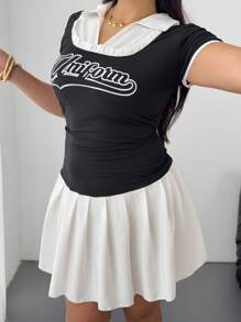 Flirla Retro V-Neck 2 In 1 Polo Collar Black And White Bodycon Dress,Back-To-School Graduation Casual Summer Mini Dress,Short Sleeve Letter Print Mini Dress - Multicolor - View 4