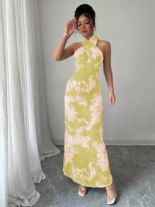 Elenzga Elegancka marmurkowa sukienka maxi z nadrukiem tie-dye i halterem - Żółty - Zobacz 3