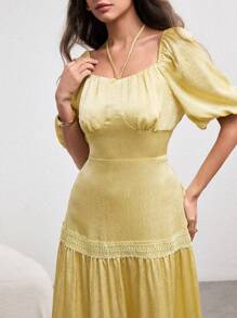 Modelyn Fashionable & Elegant Tie Neck Patchwork Knitted Yellow Dress - Yellow - View 4