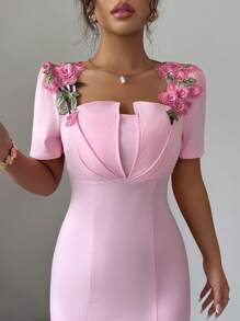 Elenzga Elegant French Solid 3D Floral Embroidery Square Neck Fitted Mermaid Maxi Dress, Suitable For Dates, Weddings, Parties And Commute