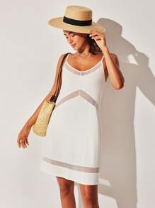 LUVLETTE Sexy White Soft Breathable Mesh V-Neck Breathable Mesh Detail Camisole Airy Nightdress Lingerie As Outerwear Slip Dress Babydoll Bridal Intimates& Pyjamadressing - White - View 4