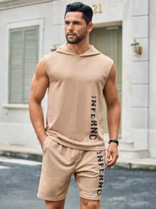 Manfinity VCAY 2pcs/Set Men's Casual Letter Print Fitted Hooded Tank Top Set