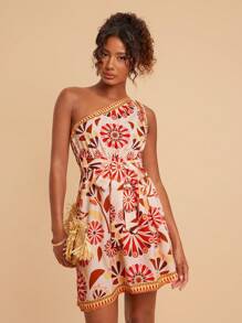 Travachic Retro Print Halter Collar Waisted A-Line Dress For Women, Vacation Style - Multicolor - View 3