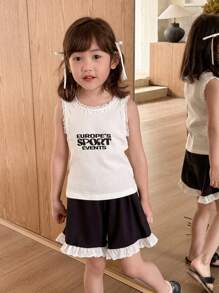 SHEIN Little Byeori Atasan Rajut Kasual Anak Perempuan dengan Hiasan Bunga dan Cetakan Huruf - Putih - View 3