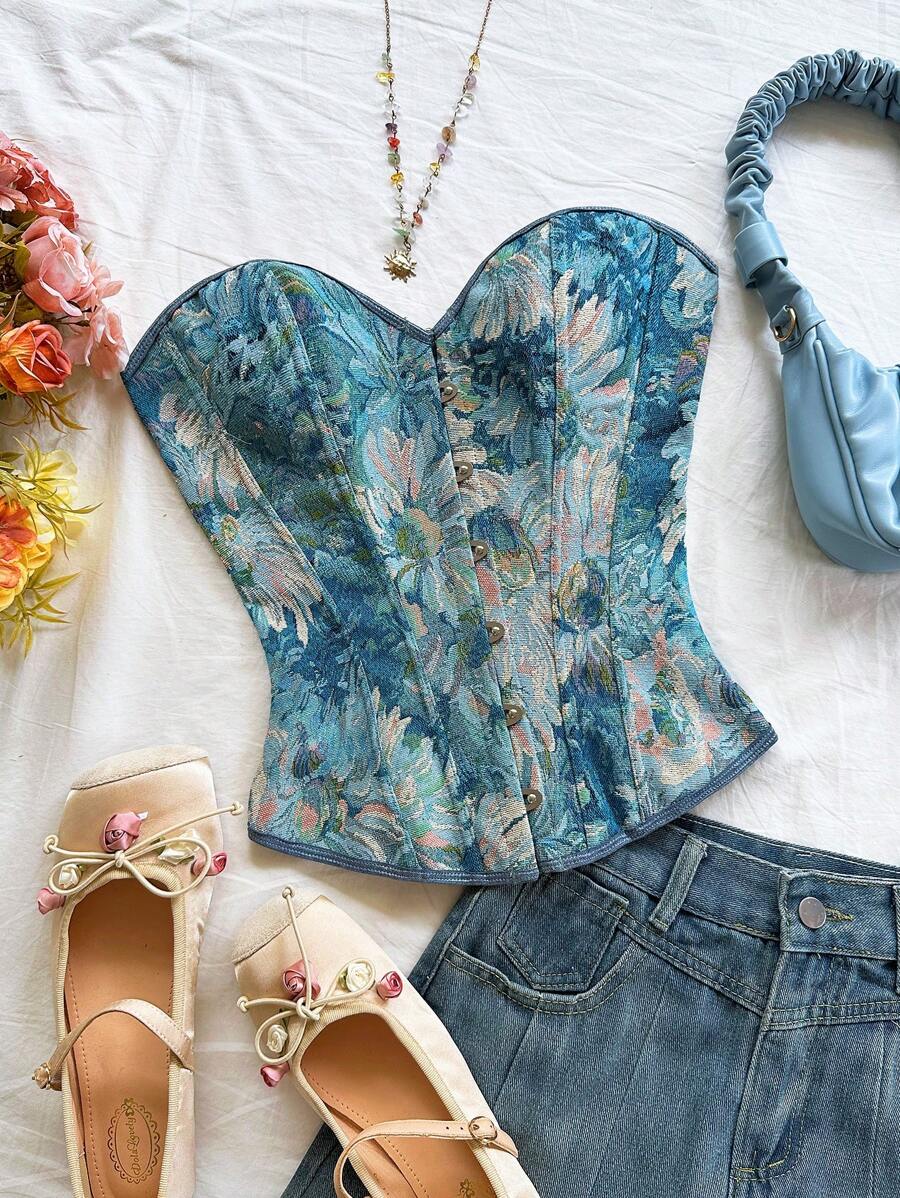 Soleia 女士复古宫廷风格彩色花卉提花抹胸，后背配有纽扣和领带 - 藍色 - 查看 1