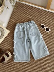 SHEIN Baby Boy Blue Summer Casual City Break Vintage Frayed Patchwork Star Print Wide Leg Loose Fit Denim Jeans,Soft Back-To-School Streetwear Outfit - Medium Wash - View 3