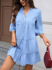 SHEIN Vestido casual de mujer con escote en pico, mangas acampanadas, abotonadura sencilla y dobladillo con volantes